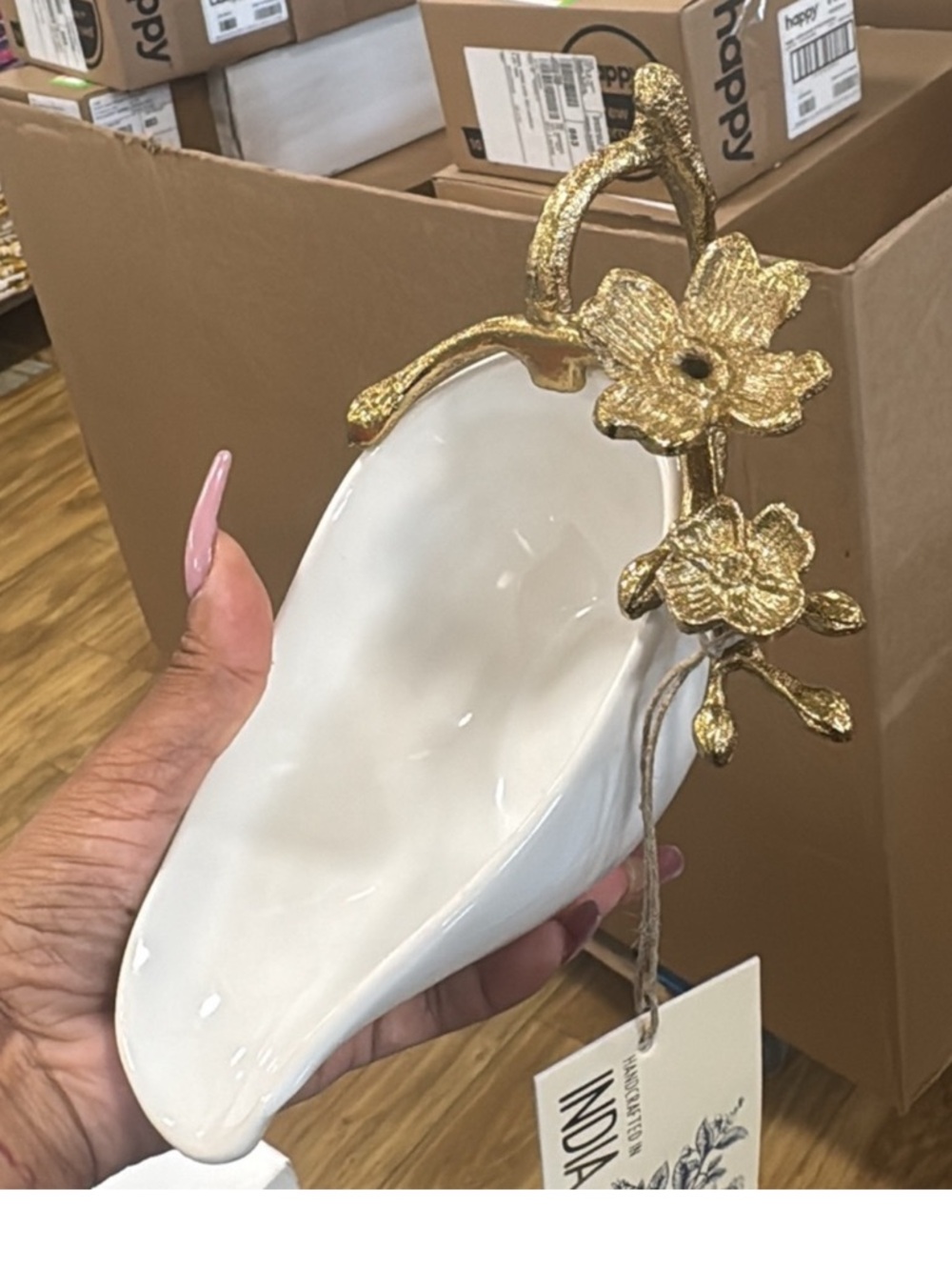 White Ceramic Floral Accent Dish with Gold Flower Handle